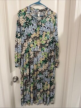 H&M Blue Green floral Shirt Dress Small